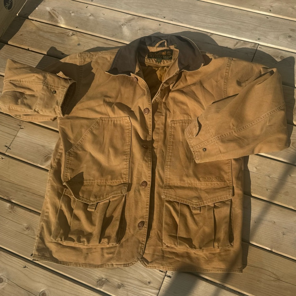 Vintage Timberlands Weathergear Coat Beige Leather Collar chore yard coat XL